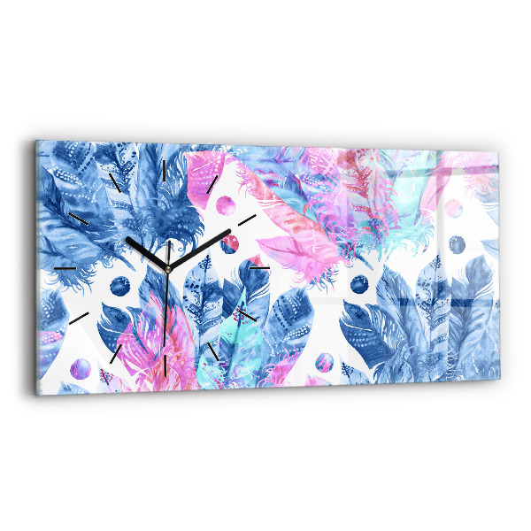 Horizontální skleněné hodiny na stěnu Barevné peří