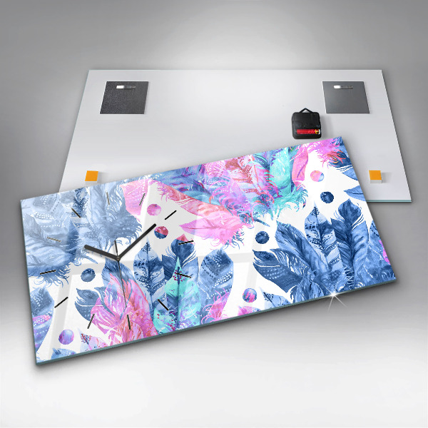 Horizontální skleněné hodiny na stěnu Barevné peří