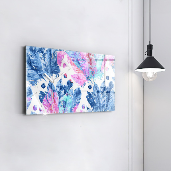 Horizontální skleněné hodiny na stěnu Barevné peří