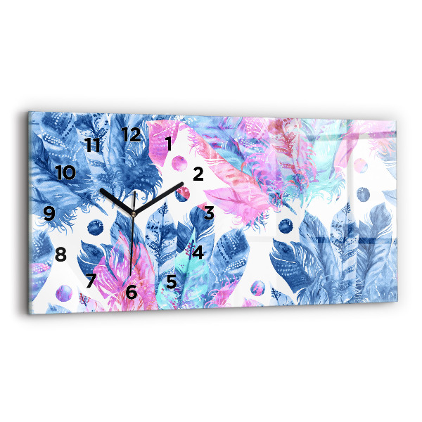 Horizontální skleněné hodiny na stěnu Barevné peří
