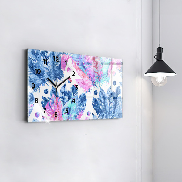 Horizontální skleněné hodiny na stěnu Barevné peří