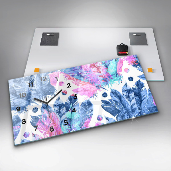 Horizontální skleněné hodiny na stěnu Barevné peří