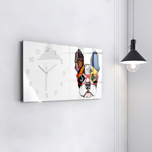 Horizontální skleněné hodiny na stěnu Francouzský buldoček s brýlemi