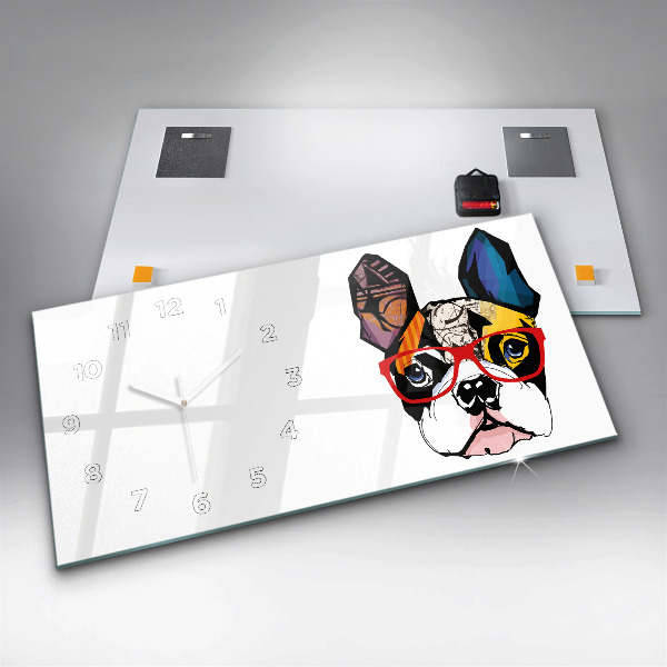 Horizontální skleněné hodiny na stěnu Francouzský buldoček s brýlemi