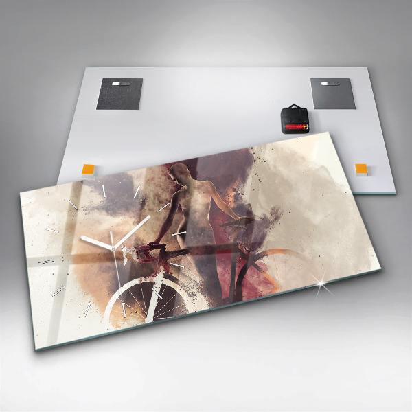 Horizontální skleněné hodiny na stěnu Žena a jízdní kolo