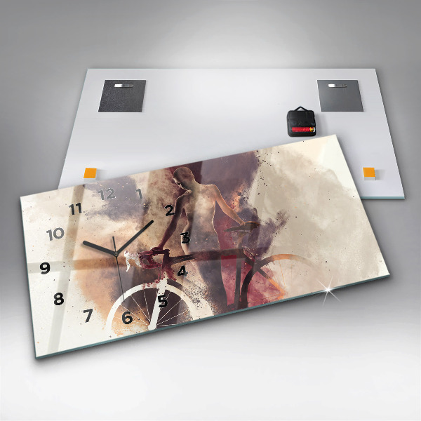 Horizontální skleněné hodiny na stěnu Žena a jízdní kolo