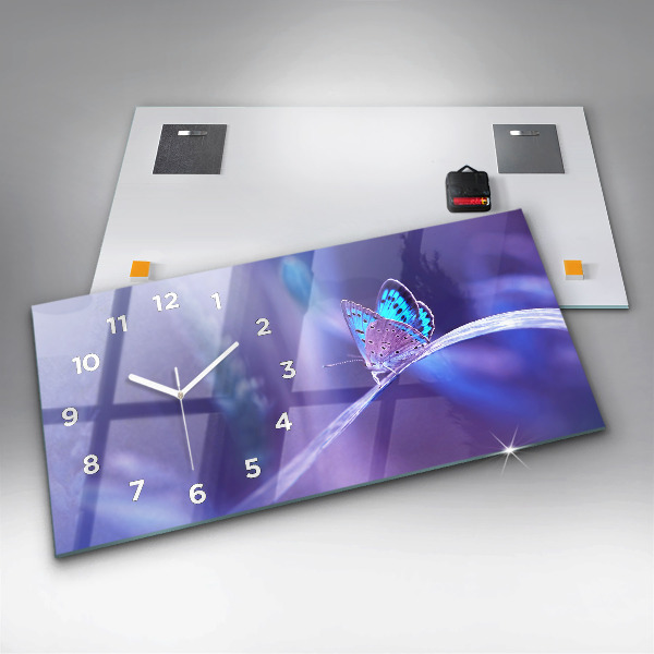 Horizontální skleněné hodiny na stěnu Motýl na trávě