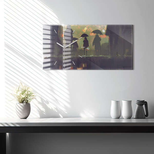 Horizontální skleněné hodiny na stěnu Lidé s deštníky