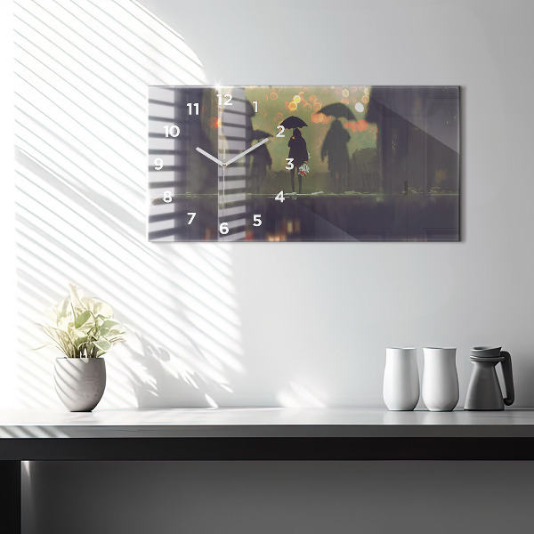 Horizontální skleněné hodiny na stěnu Lidé s deštníky