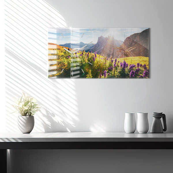 Horizontální skleněné hodiny na stěnu Levandulová louka