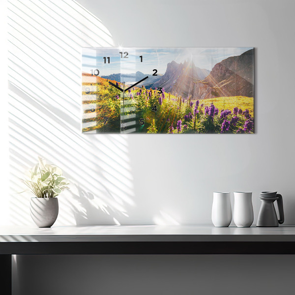 Horizontální skleněné hodiny na stěnu Levandulová louka