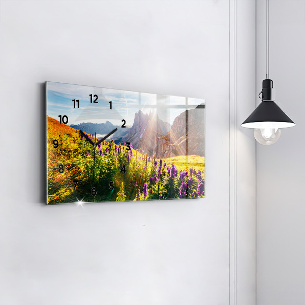 Horizontální skleněné hodiny na stěnu Levandulová louka