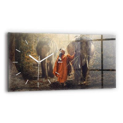 Horizontální skleněné hodiny na stěnu Mnich vedoucí slony