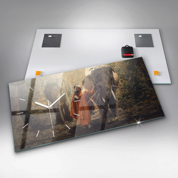 Horizontální skleněné hodiny na stěnu Mnich vedoucí slony