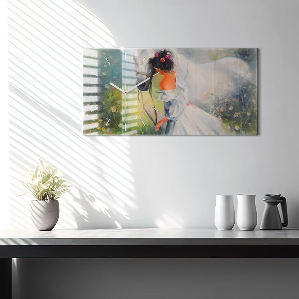 Horizontální skleněné hodiny na stěnu Krásná žena s koněm