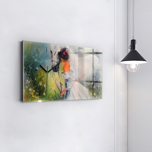 Horizontální skleněné hodiny na stěnu Krásná žena s koněm