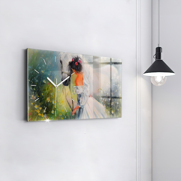 Horizontální skleněné hodiny na stěnu Krásná žena s koněm