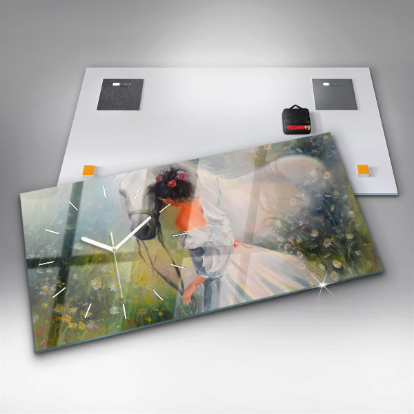 Horizontální skleněné hodiny na stěnu Krásná žena s koněm