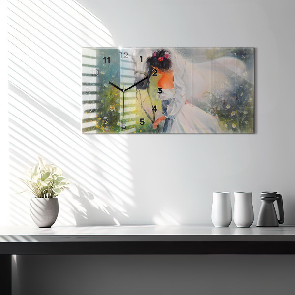 Horizontální skleněné hodiny na stěnu Krásná žena s koněm