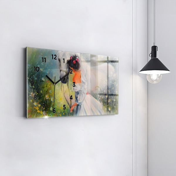 Horizontální skleněné hodiny na stěnu Krásná žena s koněm