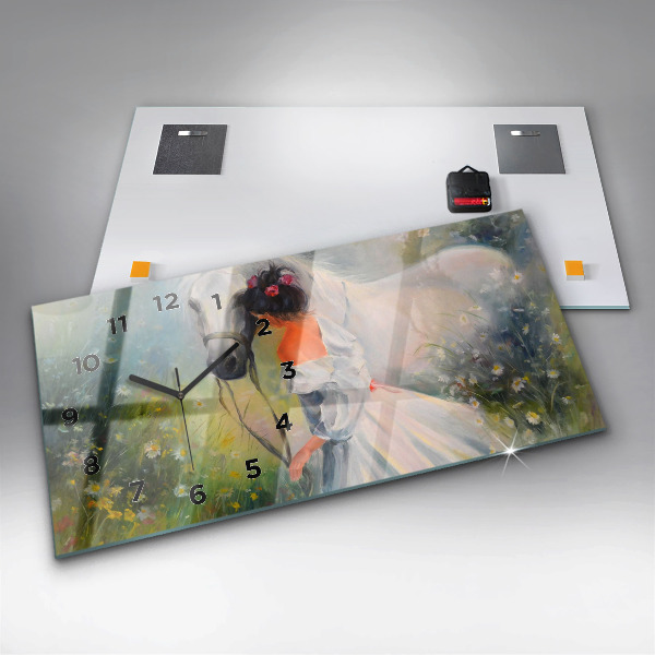 Horizontální skleněné hodiny na stěnu Krásná žena s koněm