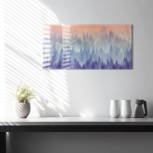 Horizontální skleněné hodiny na stěnu Les v mlze