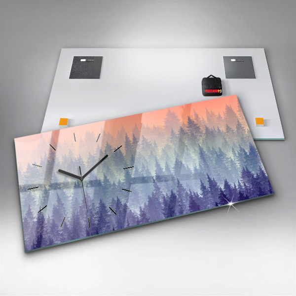 Horizontální skleněné hodiny na stěnu Les v mlze