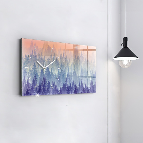 Horizontální skleněné hodiny na stěnu Les v mlze