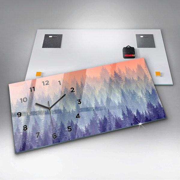 Horizontální skleněné hodiny na stěnu Les v mlze