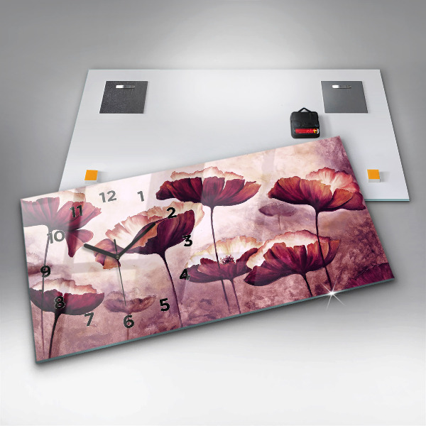 Horizontální skleněné hodiny na stěnu Květiny Kvetoucí mák