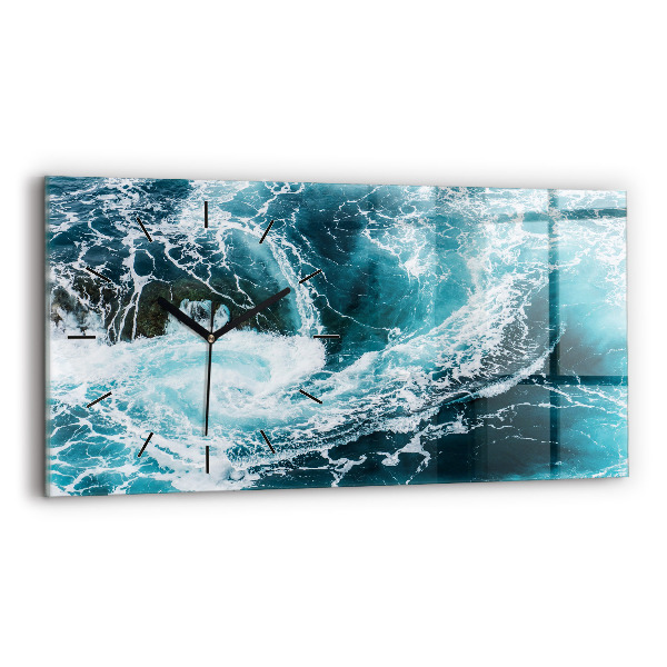 Horizontální skleněné hodiny na stěnu Vířící zpěněné vlny