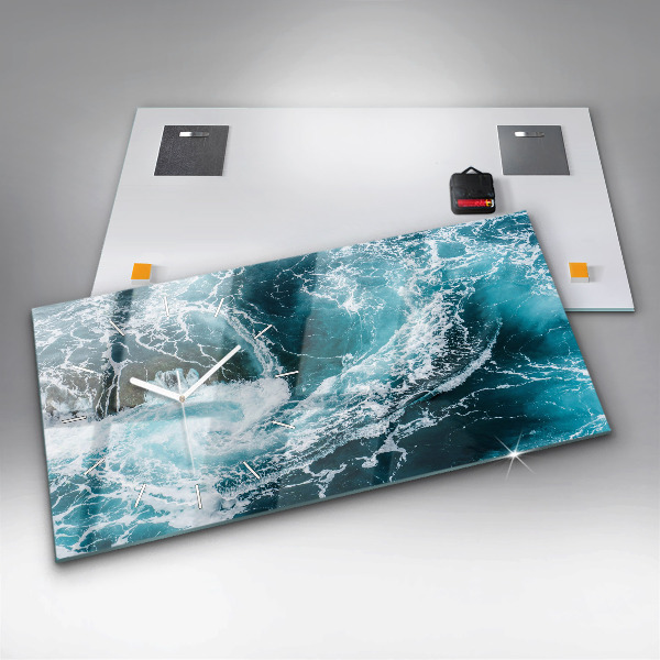 Horizontální skleněné hodiny na stěnu Vířící zpěněné vlny