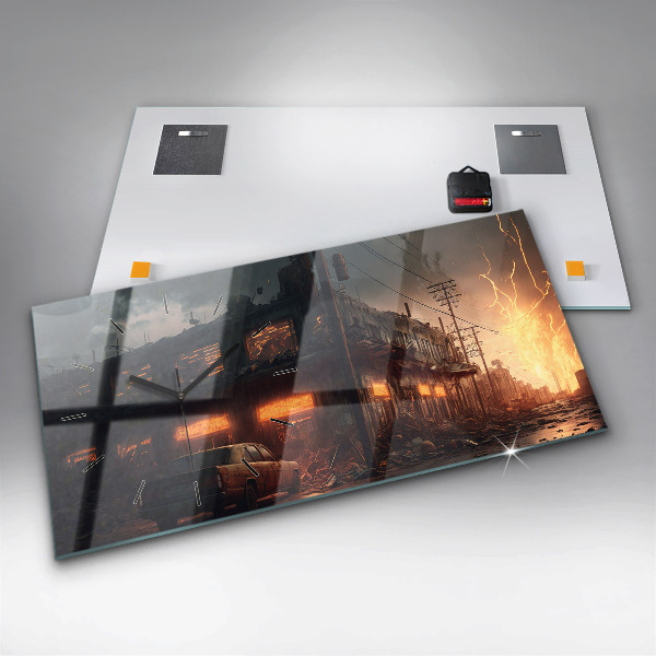 Horizontální skleněné hodiny na stěnu Apokalyptická budova