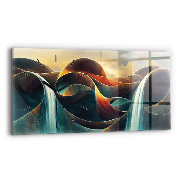 Horizontální skleněné hodiny na stěnu Pozadí tekoucího vodopádu