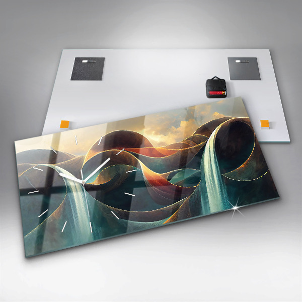 Horizontální skleněné hodiny na stěnu Pozadí tekoucího vodopádu