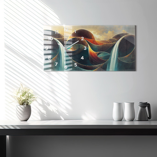 Horizontální skleněné hodiny na stěnu Pozadí tekoucího vodopádu