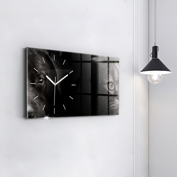 Horizontální hodiny na skle Pes a skotská kočka