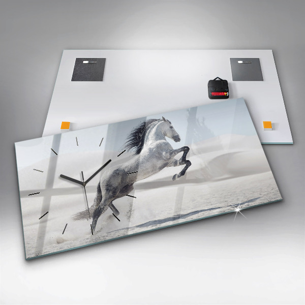 Horizontální hodiny na skle Cválající bílý kůň