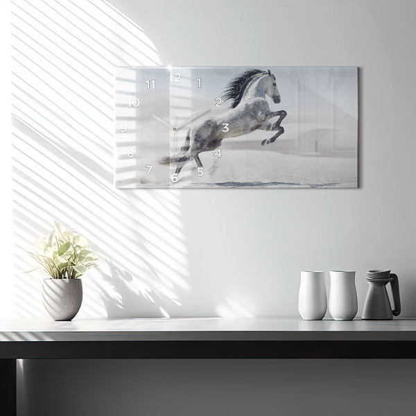 Horizontální hodiny na skle Cválající bílý kůň
