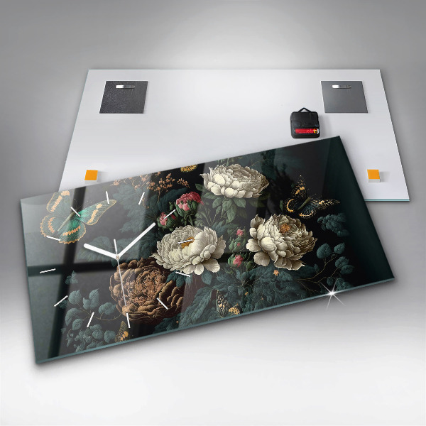 Horizontální skleněné hodiny na stěnu Květiny a zlatí motýli