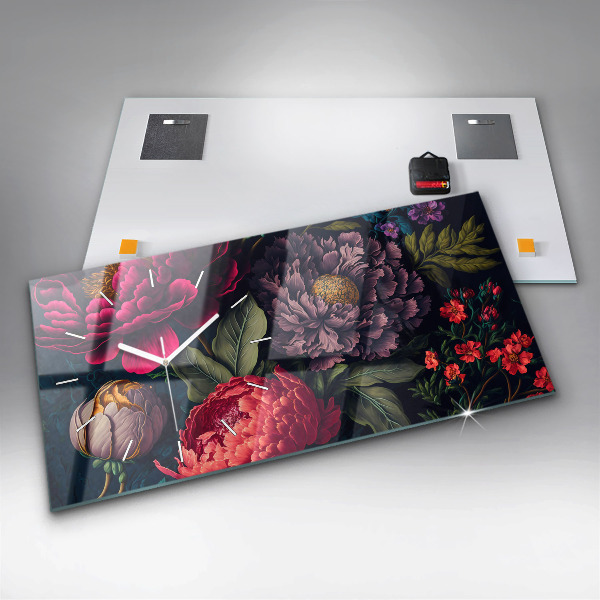 Horizontální skleněné hodiny na stěnu Vintage kytice květin