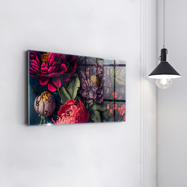 Horizontální skleněné hodiny na stěnu Vintage kytice květin
