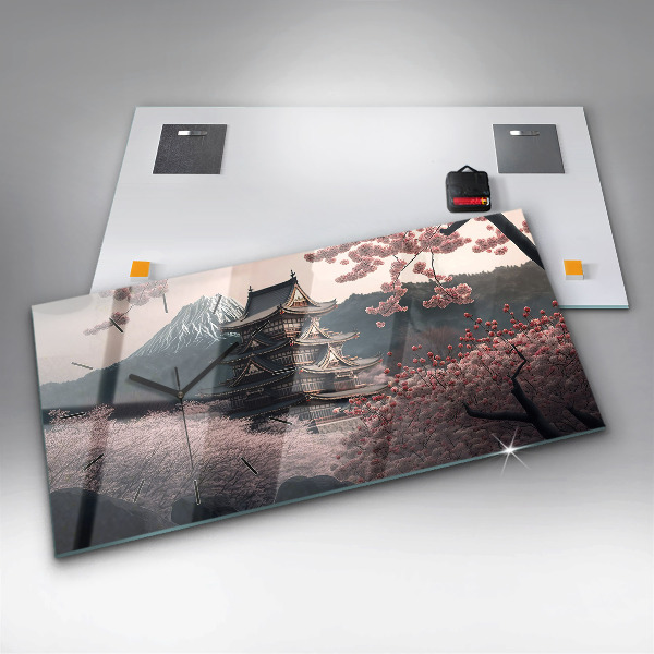 Horizontální skleněné hodiny na stěnu Asijská věž Třešňové květy