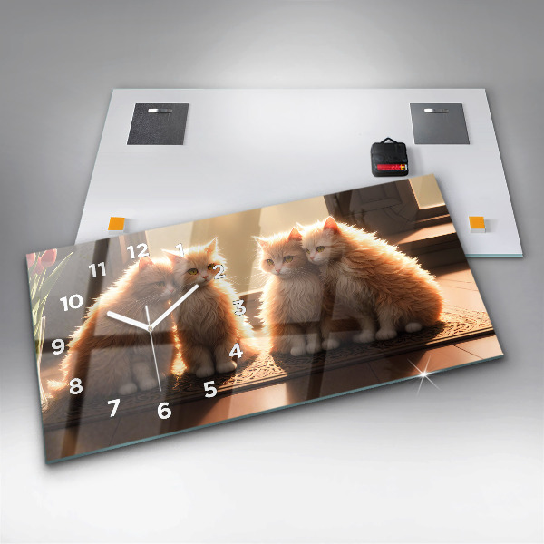 Horizontální skleněné hodiny na stěnu Čtyři kočky na slunci