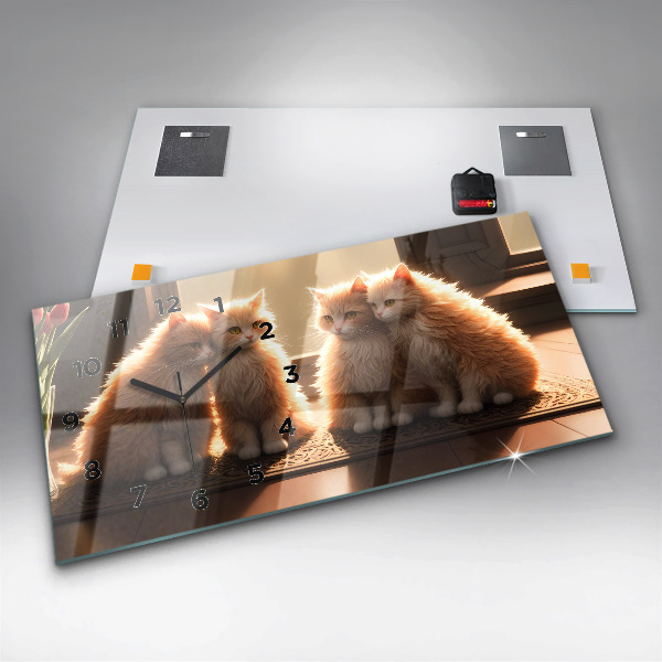 Horizontální skleněné hodiny na stěnu Čtyři kočky na slunci