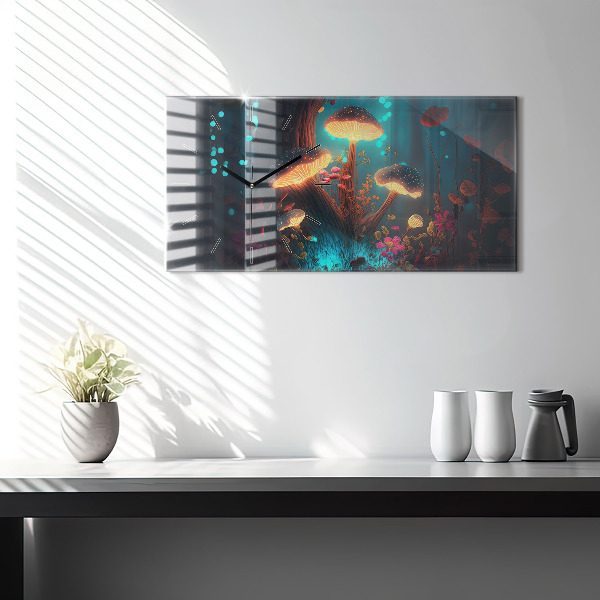 Horizontální skleněné hodiny na stěnu Les a kouzelné houby