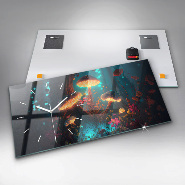 Horizontální skleněné hodiny na stěnu Les a kouzelné houby