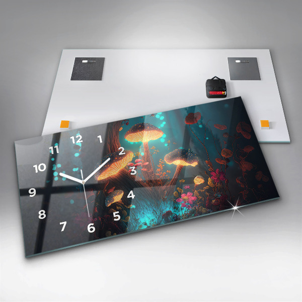 Horizontální skleněné hodiny na stěnu Les a kouzelné houby