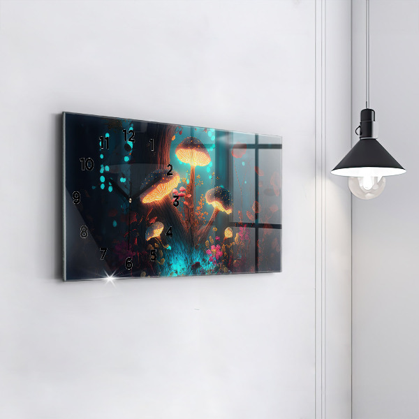 Horizontální skleněné hodiny na stěnu Les a kouzelné houby