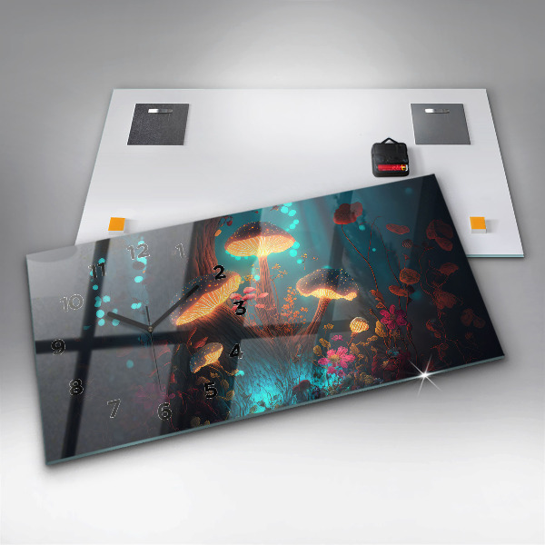 Horizontální skleněné hodiny na stěnu Les a kouzelné houby